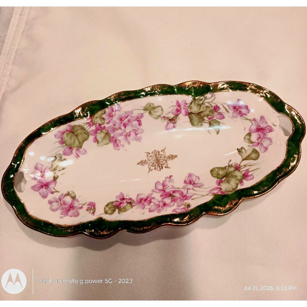 Bavaria Oval Porcelain Floral Platter Purple Flowers Green & Gold Rim Printed